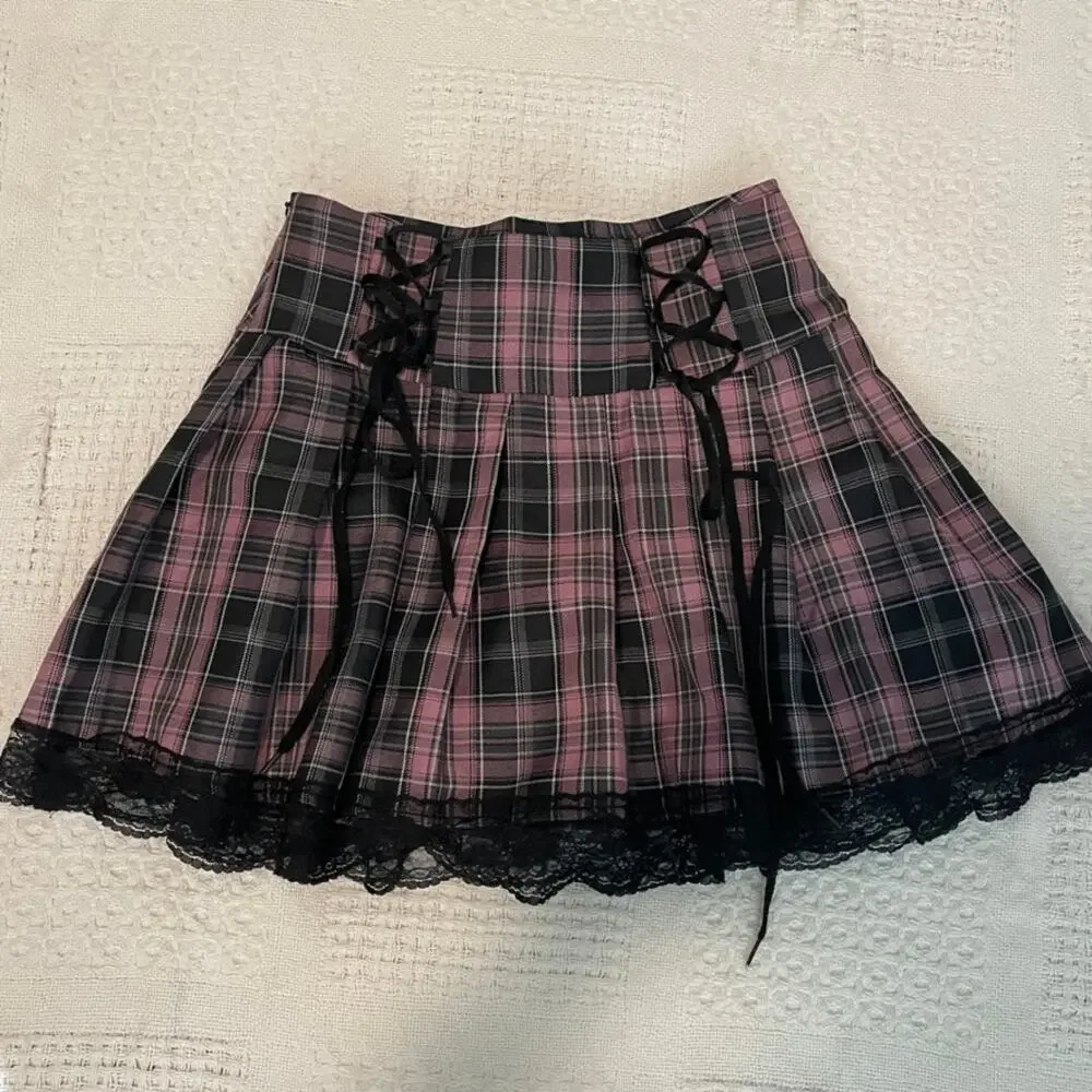 Romwe small schoolgirl plaid lace tie mini skirt cosplay SK 3467